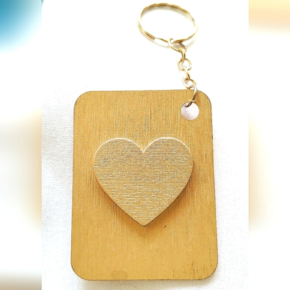 NEW Handmade Keychain Bag Tag! Copper Muro. Gold Wooden Heart. Unisex. - Picture 3 of 7